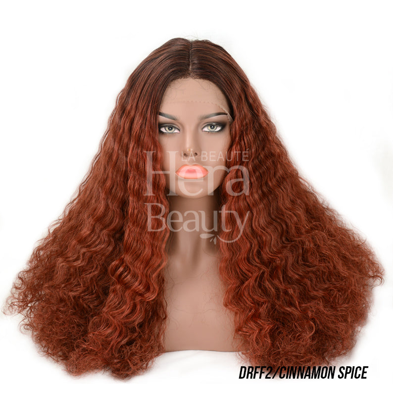 OUTRE lace front synthetic wig cinnamon spice long curly middle part on mannequin head