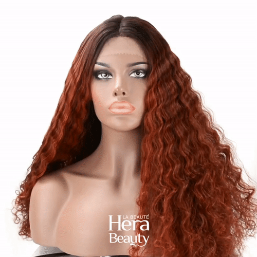 OUTRE lace front synthetic wig long auburn to dark brown curly middle part on mannequin head