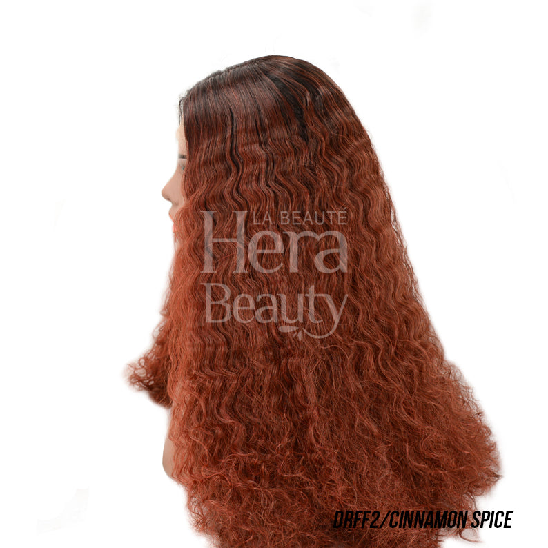 OUTRE lace front synthetic wig long cinnamon spice wavy curls with dark roots on mannequin side profile