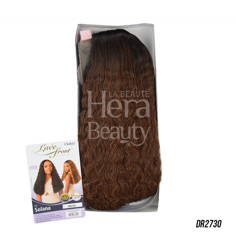 OUTRE Solana brown ombre wavy lace front synthetic wig in clear packaging with model card