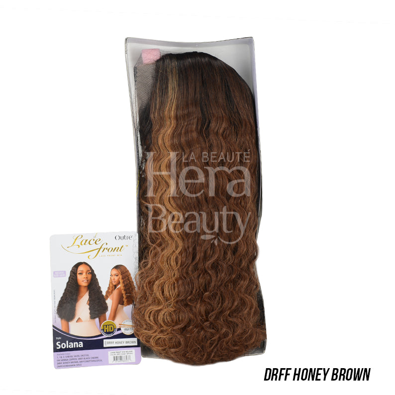 OUTRE Solana lace front synthetic wig long wavy honey brown with dark roots in package