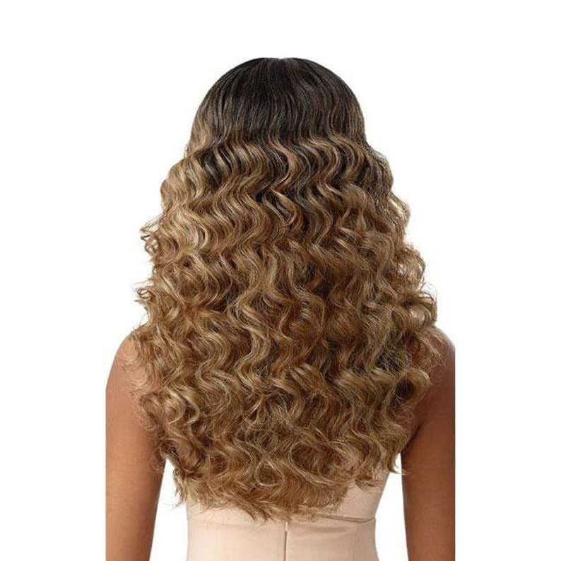 OUTRE melted hairline synthetic lace front wig long wavy ombre brown to blonde back view on model
