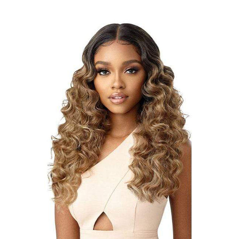 OUTRE long wavy ombre brown to blonde melted hairline synthetic lace front wig with center part