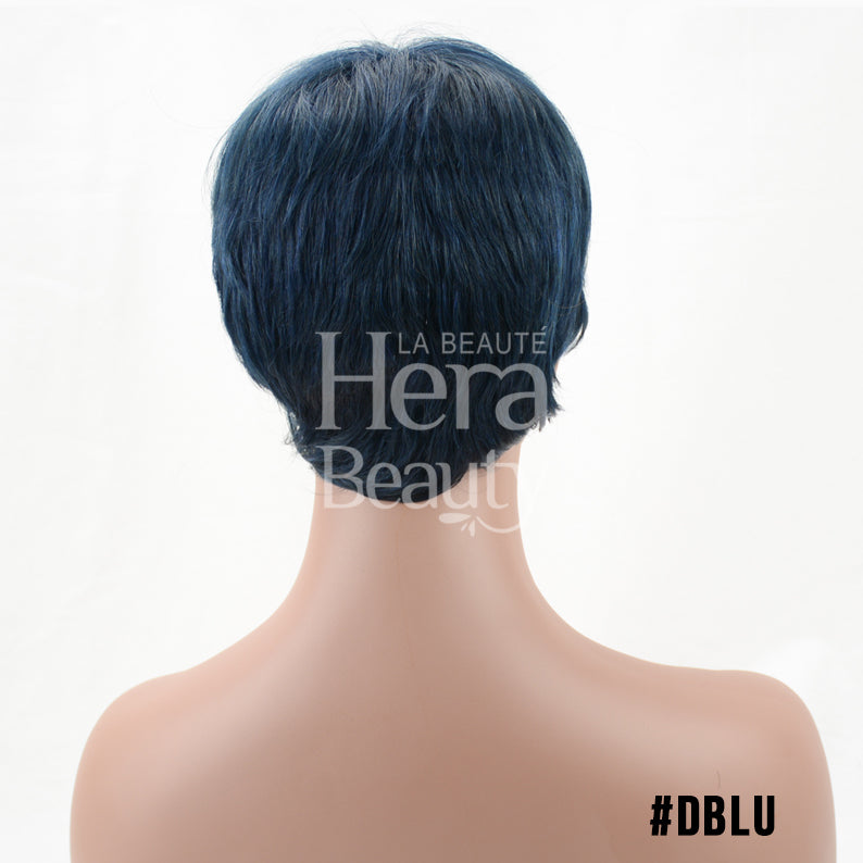 OUTRE premium human hair pixie mohawk wig in dark blue back view on mannequin showing short layered cut