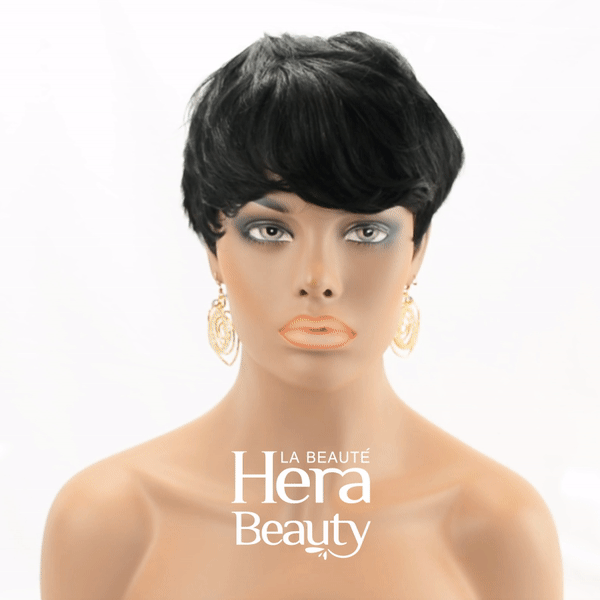 OUTRE premium human hair pixie mohawk wig on mannequin short sleek black style with side swept fringe and gold earrings