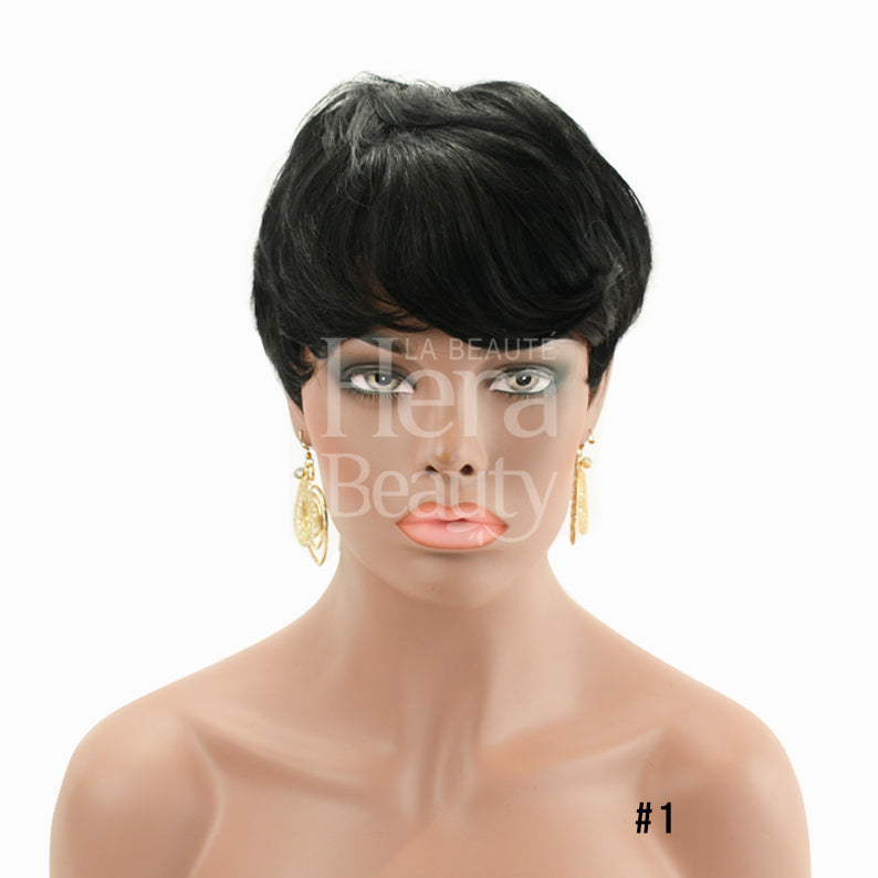 OUTRE premium human hair pixie mohawk wig in natural black shade 1 short layered pixie style on mannequin