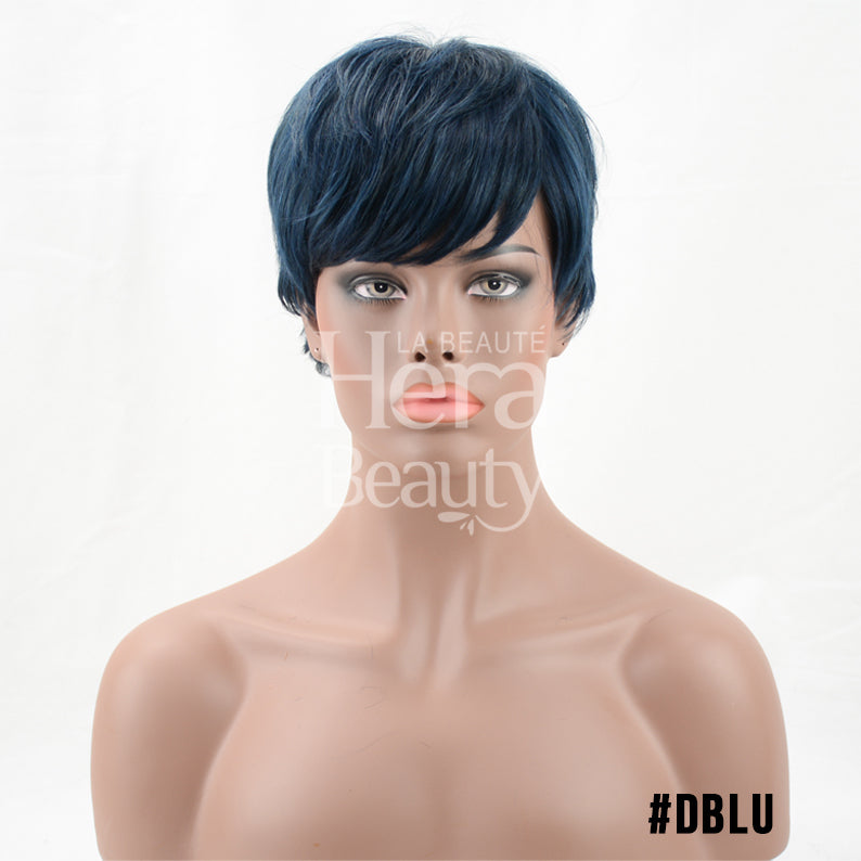OUTRE premium human hair pixie mohawk wig in dark blue with layered side swept bangs on mannequin