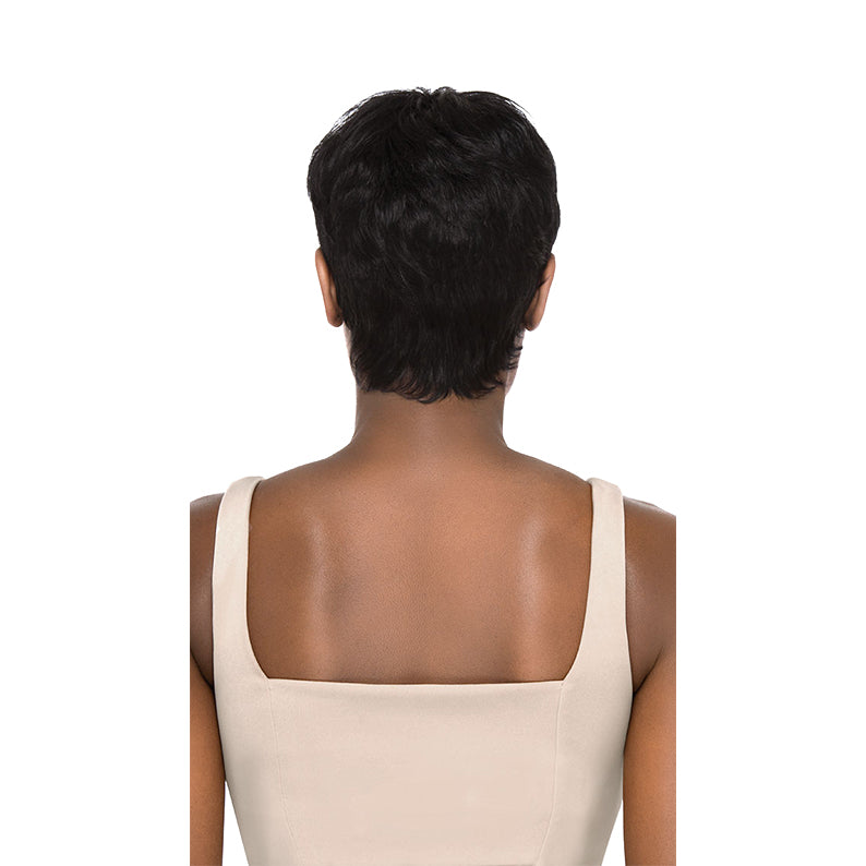 OUTRE model back view wearing premium human hair pixie mohawk wig in natural black short pixie style