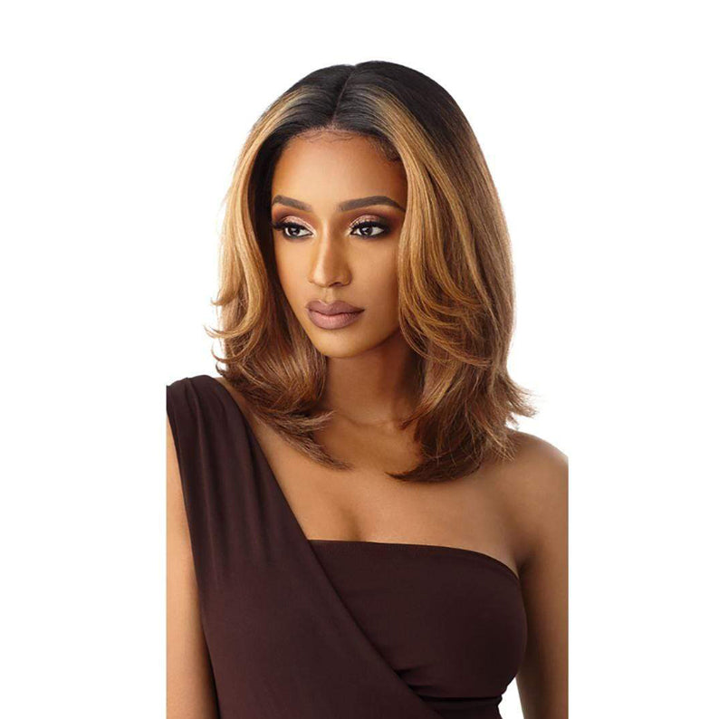 OUTRE soft natural synthetic lace front wig shoulder length honey blonde layered lob with middle part