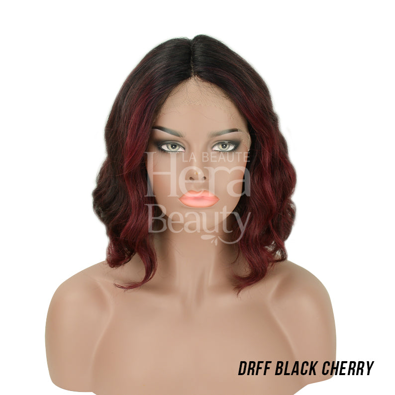 OUTRE synthetic lace front wig shoulder length wavy bob with black roots and cherry ombre center part