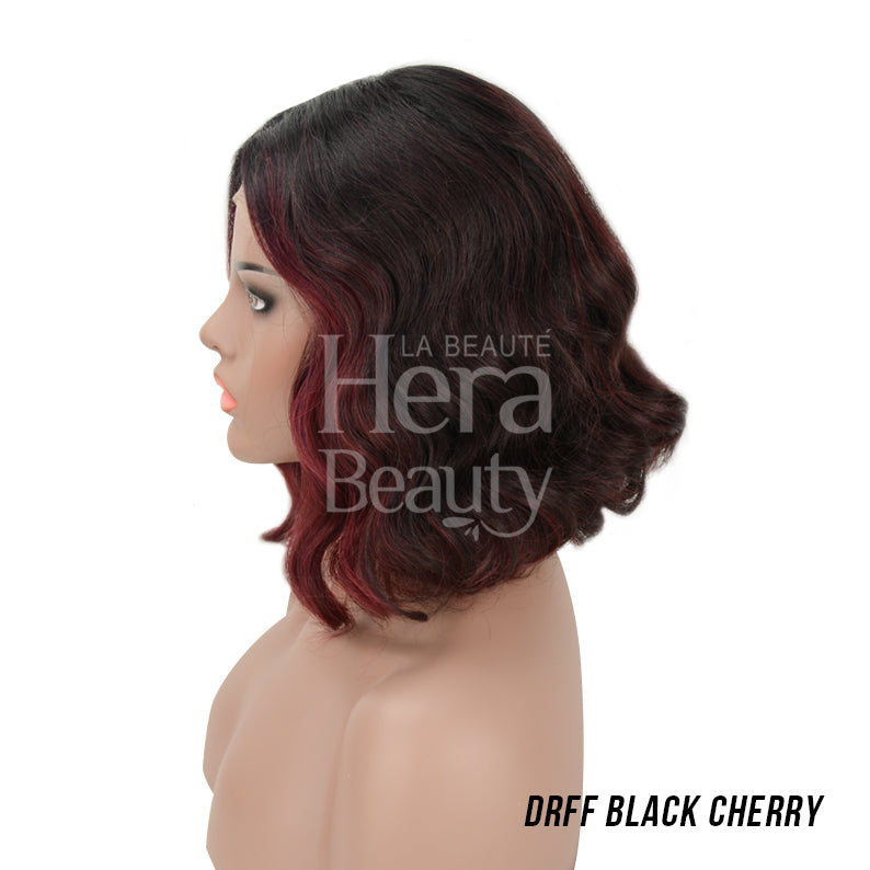OUTRE short black cherry wavy bob synthetic lace front wig on mannequin side profile