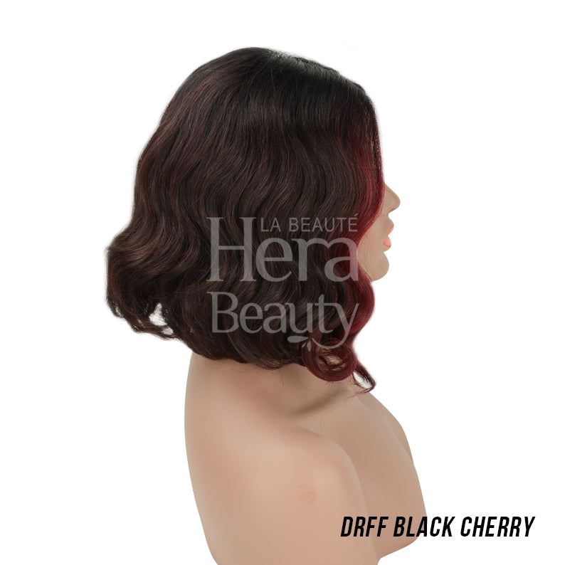OUTRE shoulder length black cherry wavy bob on mannequin synthetic lace front wig with natural hairline