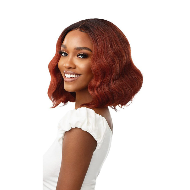 OUTRE synthetic lace front wig short wavy auburn bob with middle part and natural hairline