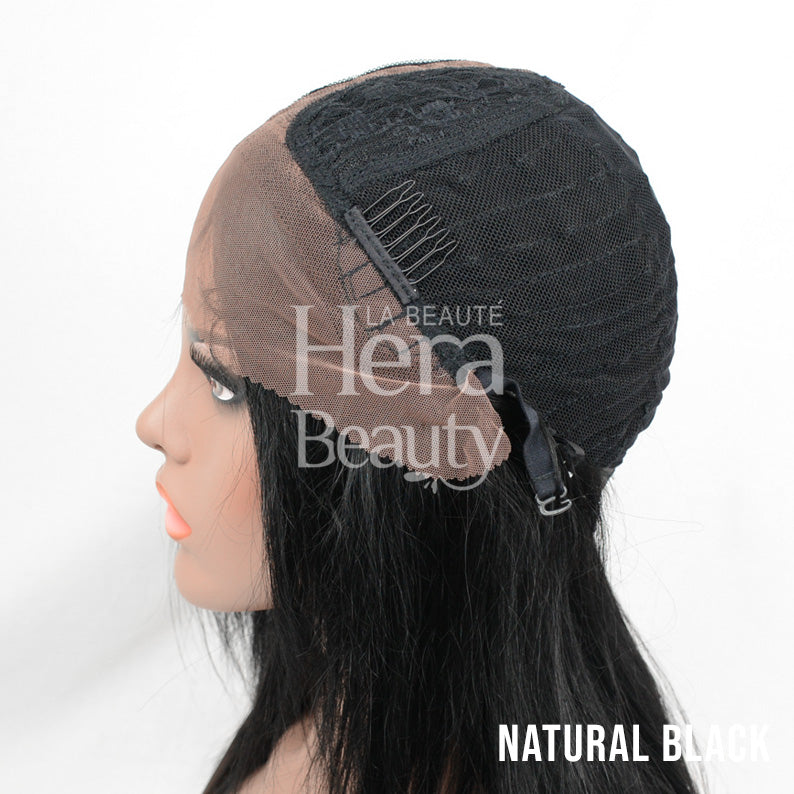 SENSATIONNEL natural black lace front unprocessed virgin human hair wig on mannequin showing cap interior and adjustable straps