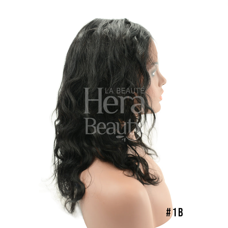 SENSATIONNEL wavy shoulder length black wig on mannequin side profile virgin human hair lace wig
