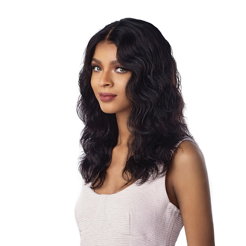 SENSATIONNEL virgin human hair lace wig shoulder length natural waves with center part and realistic hairline