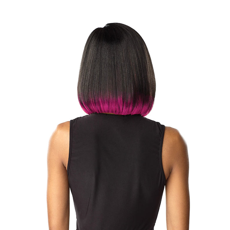 SENSATIONNEL synthetic lace front wig straight bob black with magenta ombre ends back view