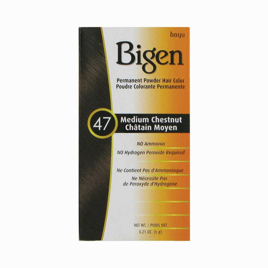 Bigen permanent powder hair dye box in Medium Chestnut shade number 47 with no ammonia formula