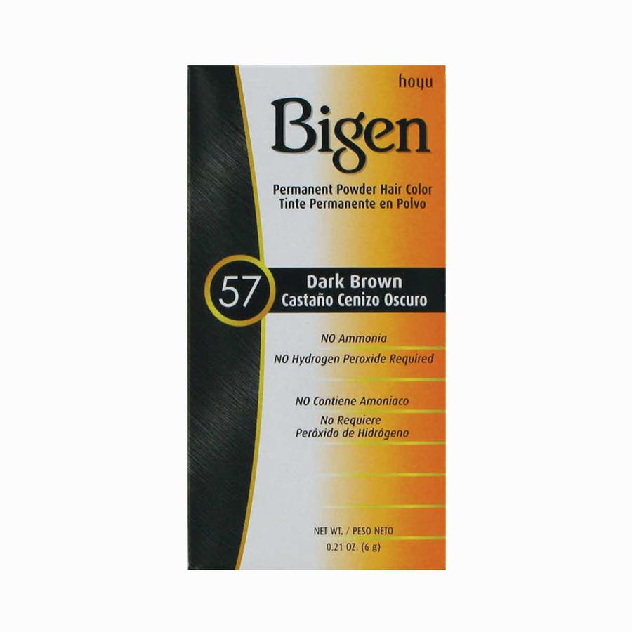 Bigen permanent powder hair dye in dark brown shade 57 with no ammonia and no hydrogen peroxide
