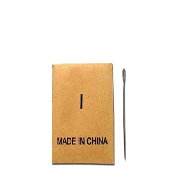 Annie I-shape weaving needle with a sharp point and eyelet next to a brown card labeled Made in China