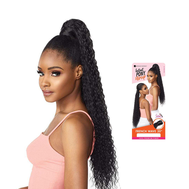 SENSATIONNEL Instant ponytail wrap French wave 30 inch on model styled in a high long black wavy ponytail