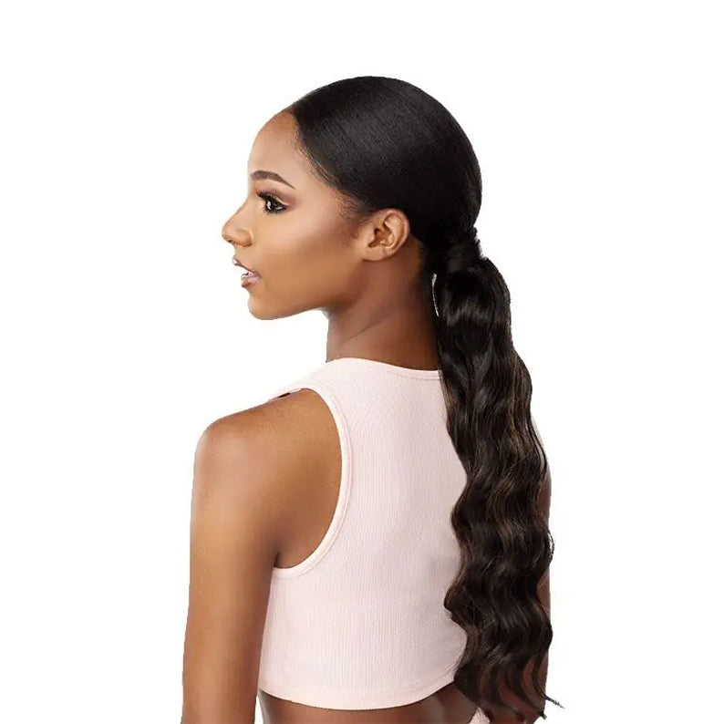 SENSATIONNEL synthetic up and down ponytail wig sleek low side part black wavy long ponytail on model