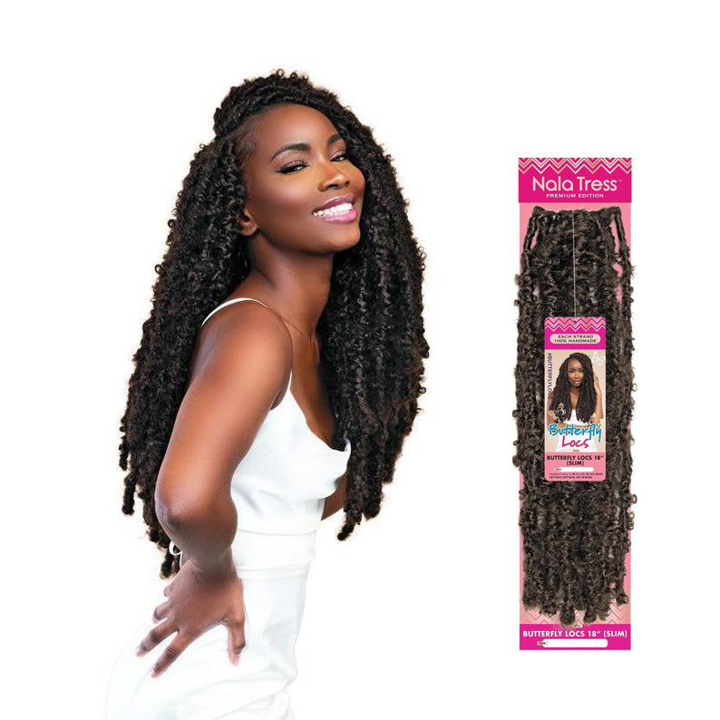 Janet Collection Nala Tress Butterfly Locs curly braids styled on a smiling woman wearing white