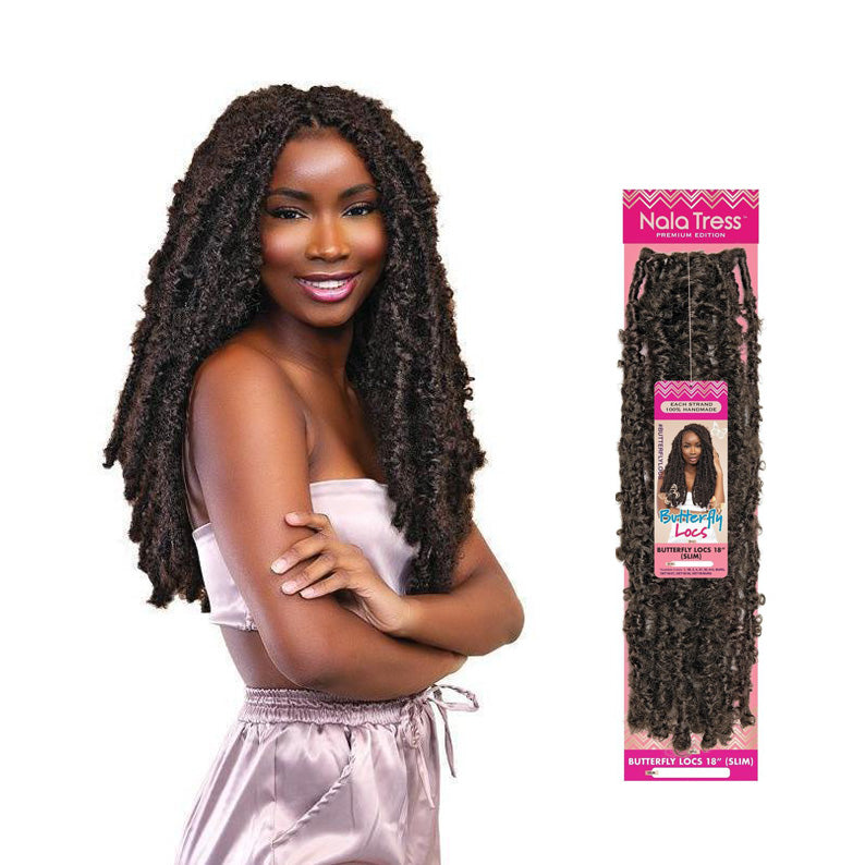 Janet Collection Nala Tress Butterfly Locs braid in dark curly textured synthetic hair with woman model