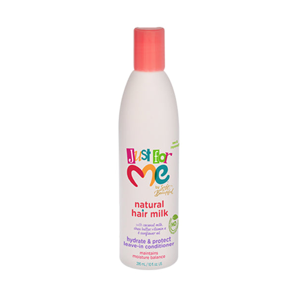 White bottle with pink cap of just for me natural hair milk leave-in conditioner by JUST FOR ME