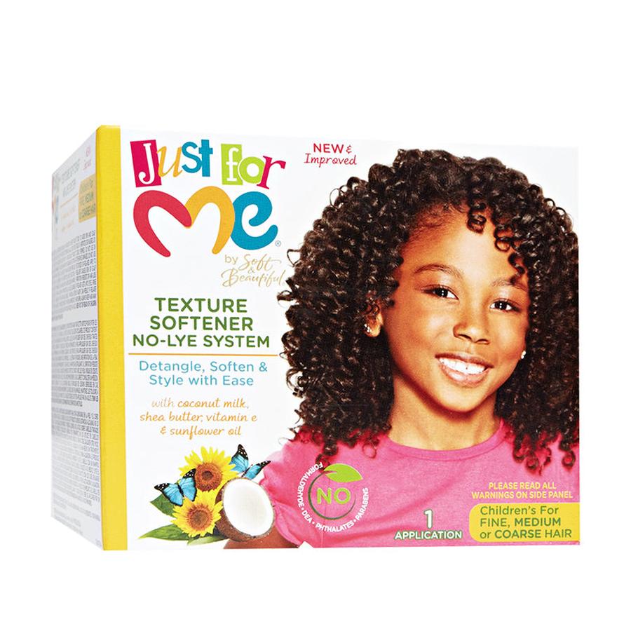 Just For Me no-lye texture softener for kids box featuring smiling girl with defined curly hair and coconut