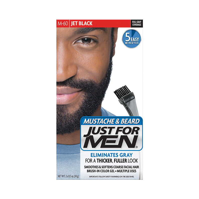 Just For Men mustache and beard kit box showing man with full beard and applicator jet black beard dye kit