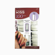 KISS acrylic nail tips box 100 long square tips white natural look displayed with mauve manicure