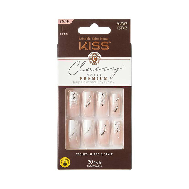 Kiss Classy premium press on nails. IVY BEAUTY by KISS long pale pink nails with silver rhinestones 30 nails glue included
