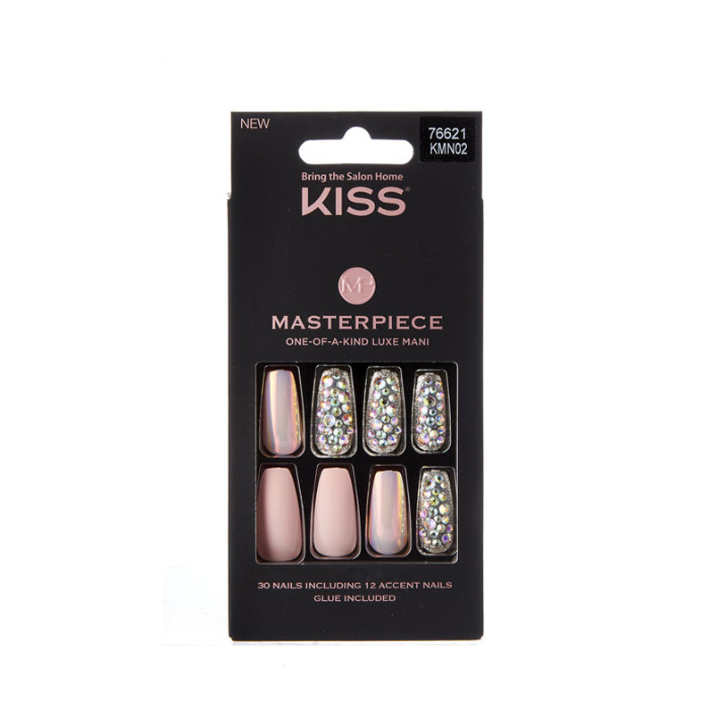 IVY BEAUTY by KISS KISS Masterpiece press on nails set pink nude rhinestone accent 30 nails glue included