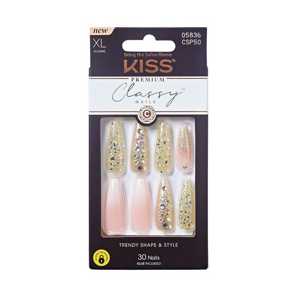 Kiss Premium Classy XL press on nails. long gold glitter rhinestone and pink ombre 30 nails in box