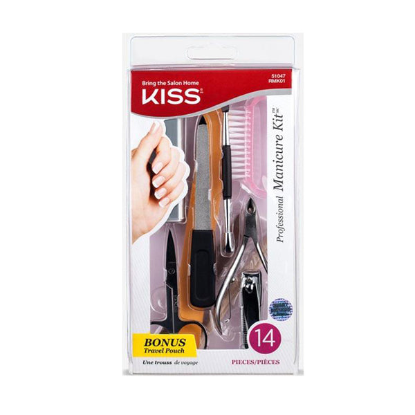 Kiss Professional Manicure Kit 14pc set with clippers cuticle nipper files buffer brush and bonus travel pouch