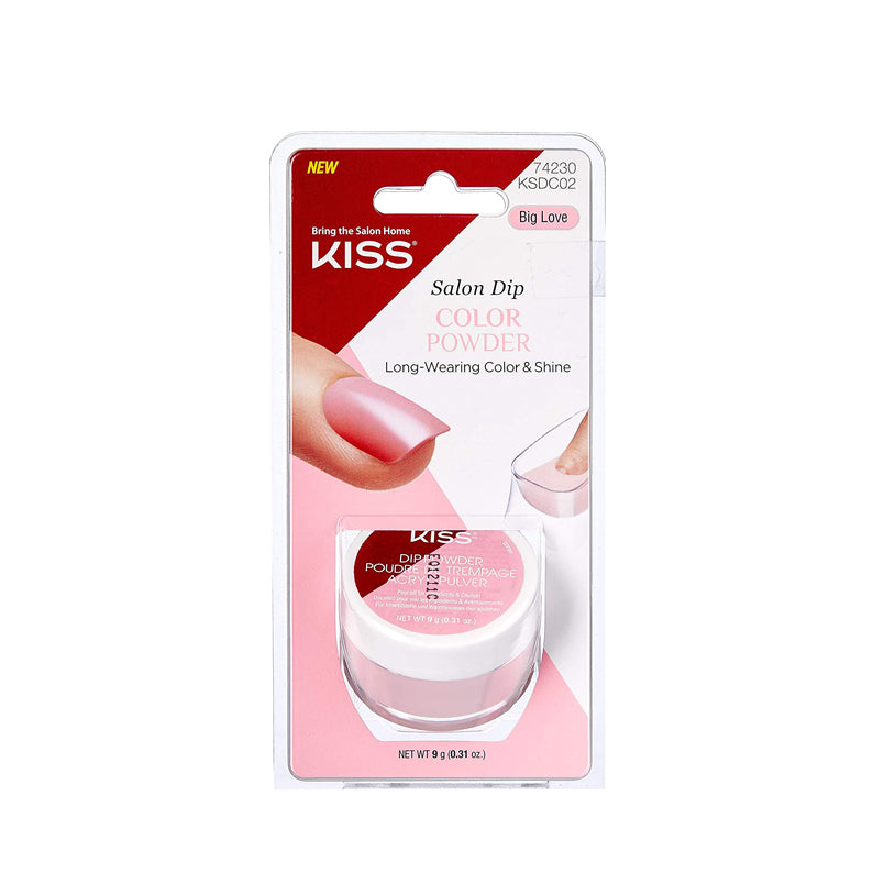 Kiss Salon Dip Color Powder Big Love pink jar in blister pack showing sample nail for long wearing color and shine
