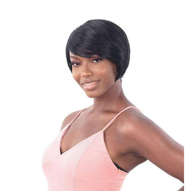 SHAKE N GO Freetress Equal synthetic wig sleek short black pixie bob with side swept bangs on model