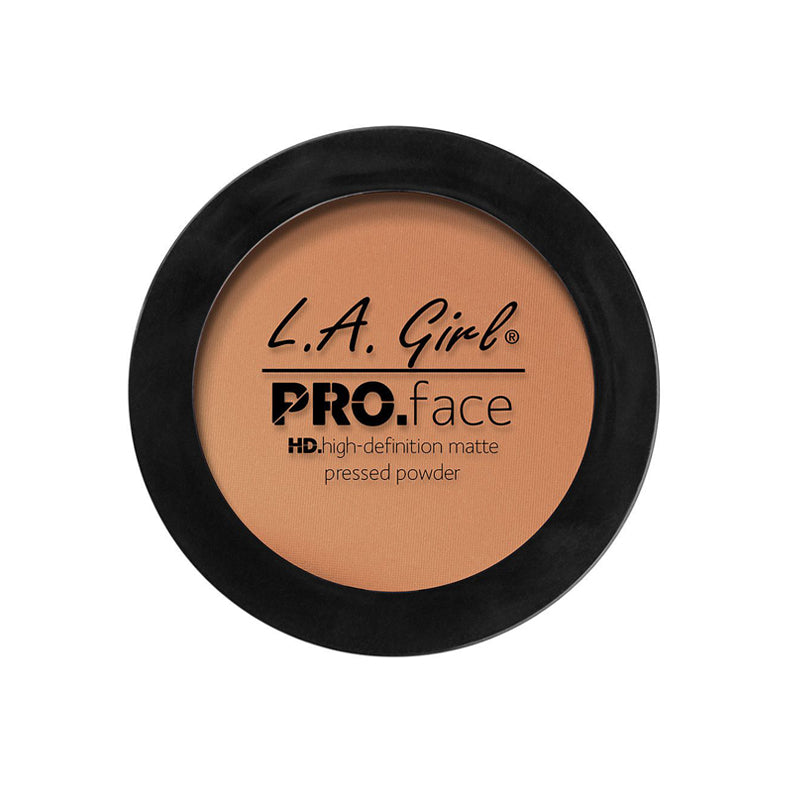 LA Girl Pro Face Matte Powder pressed powder makeup in a tan shade with black round compact