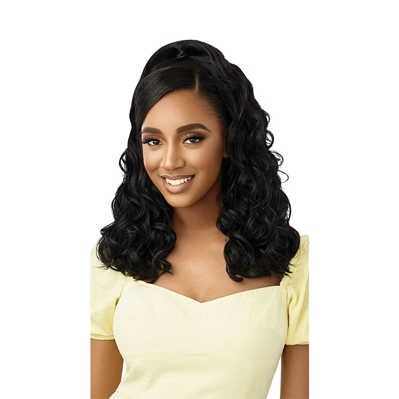 OUTRE dreamy bounce synthetic half wig in natural black shoulder length loose curls on model