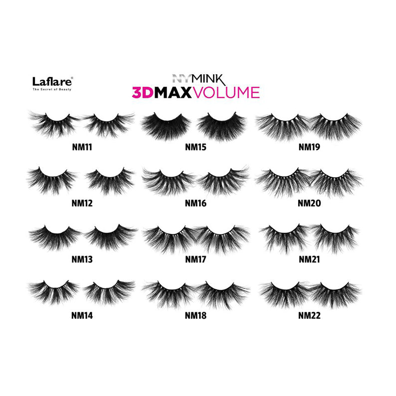 LAFLARE display of 3D mink lash styles NM11 to NM22 showcasing 3D dramatic volume lashes in multiple flare patterns