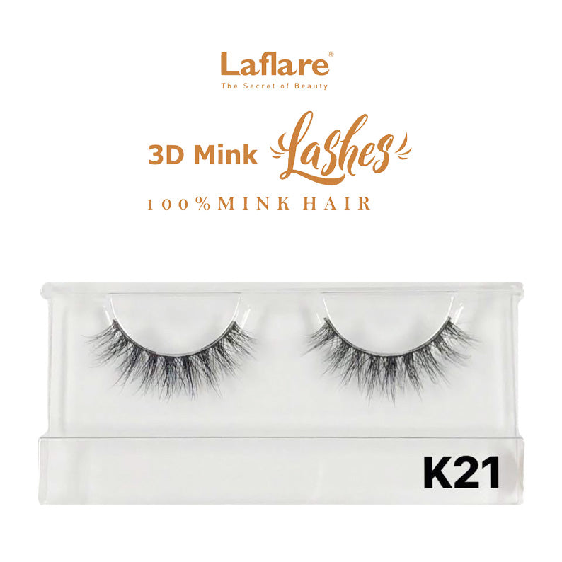 LAFLARE K21 dramatic black pair of 3D faux mink lashes in clear plastic tray for voluminous eye makeup