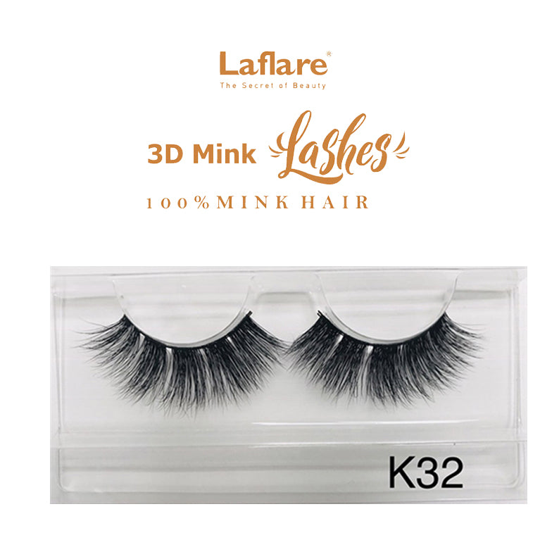LAFLARE K32 dramatic black 3D faux mink lashes in clear plastic case for voluminous eye makeup