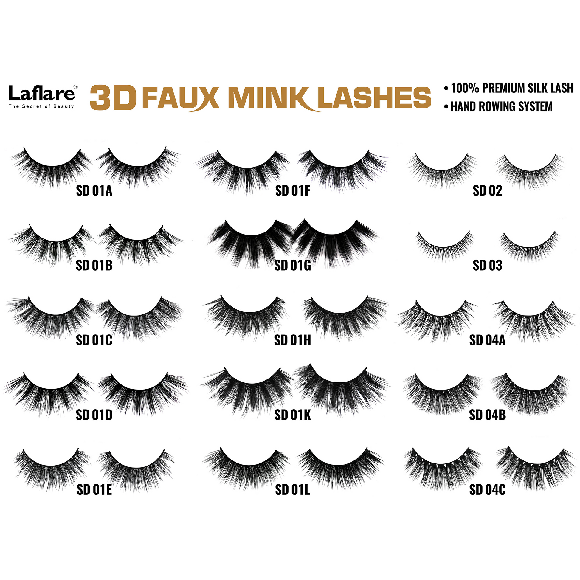LAFLARE 3D faux mink lashes assorted styles display showing multiple labeled lash designs SD01A to SD01L