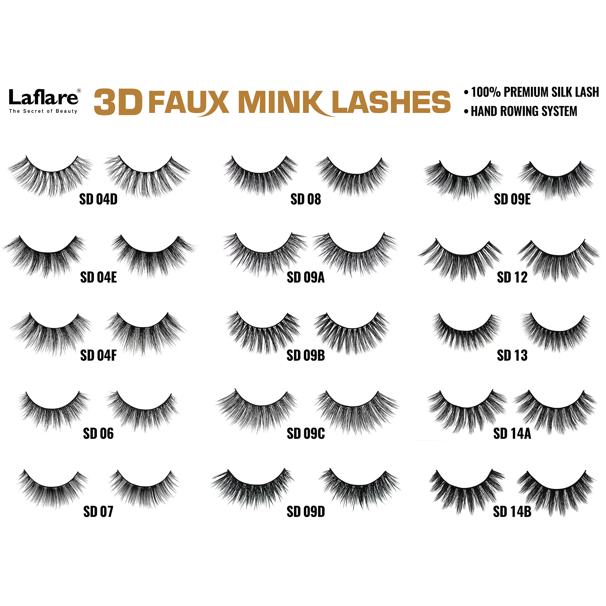 LAFLARE 3D faux mink lashes assortment sheet showing multiple styles and style codes for selection
