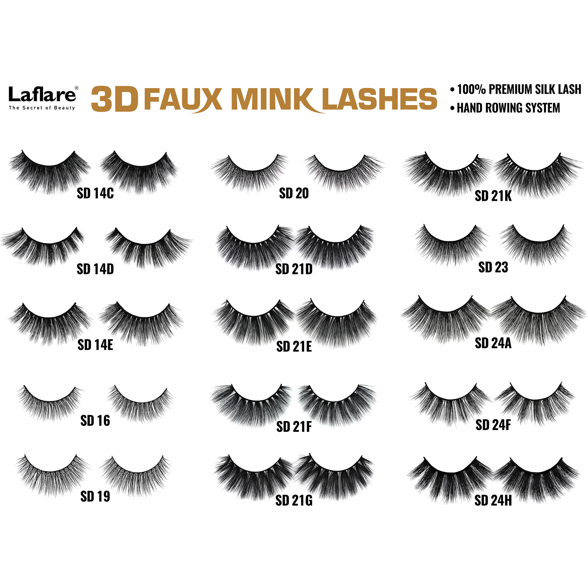 LAFLARE display of multiple styles of 3D faux mink lashes showing various strip lash designs and style codes