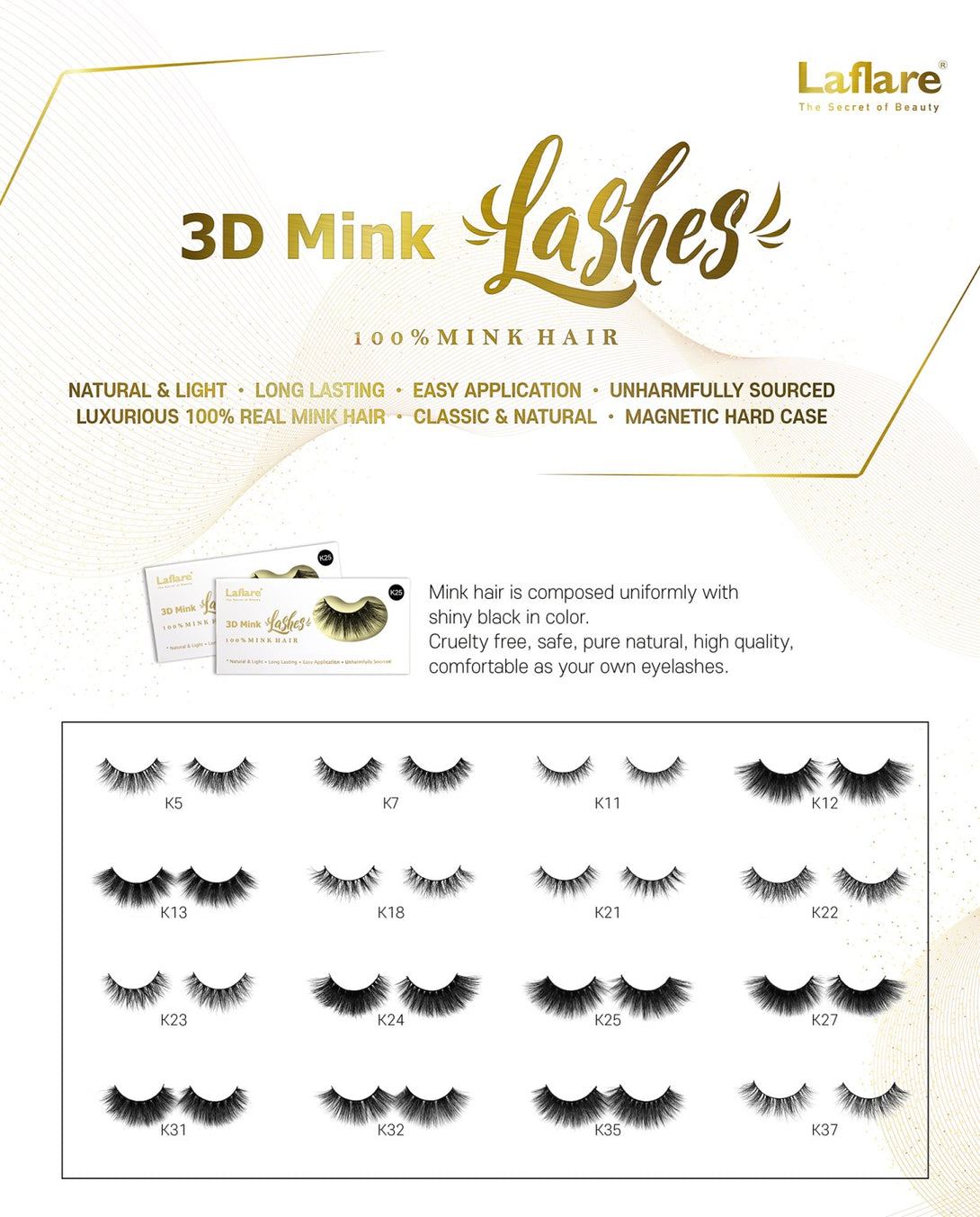 LAFLARE 3D faux mink lashes sample chart showing boxed pair and multiple style swatches for makeup looks