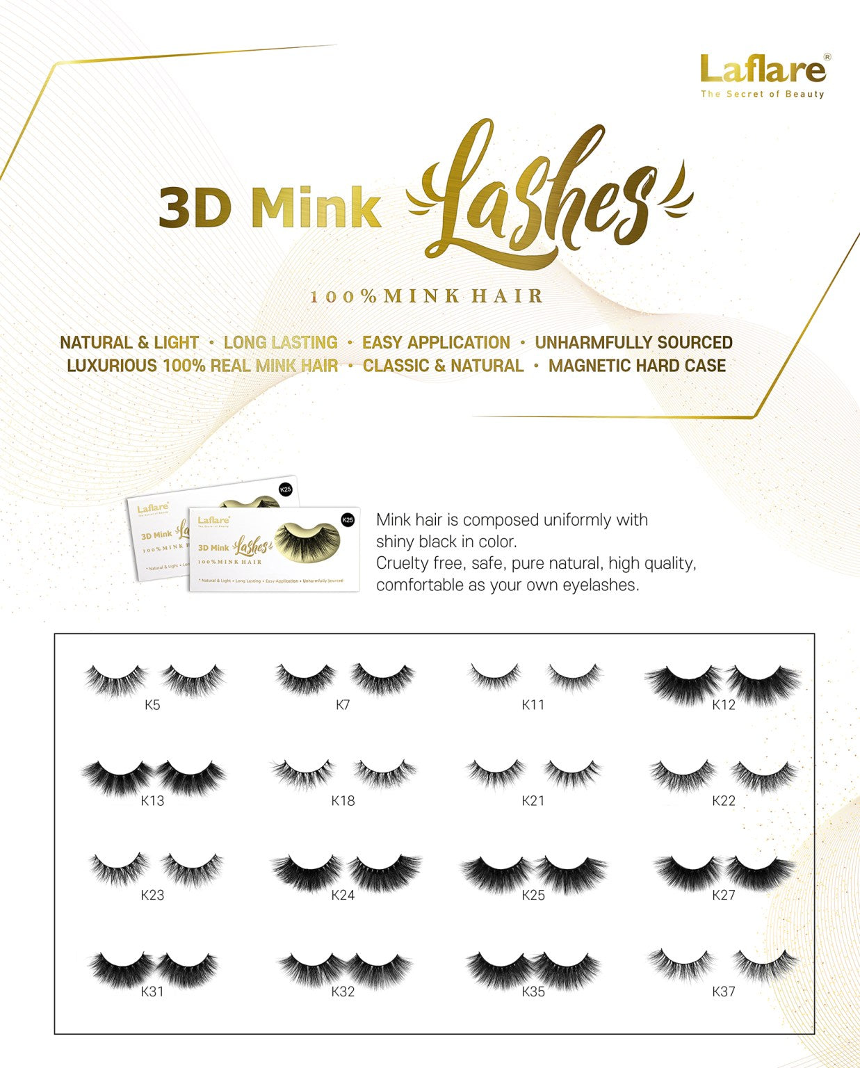 LAFLARE 3D faux mink lashes product image showing packaging and a chart of multiple lash styles