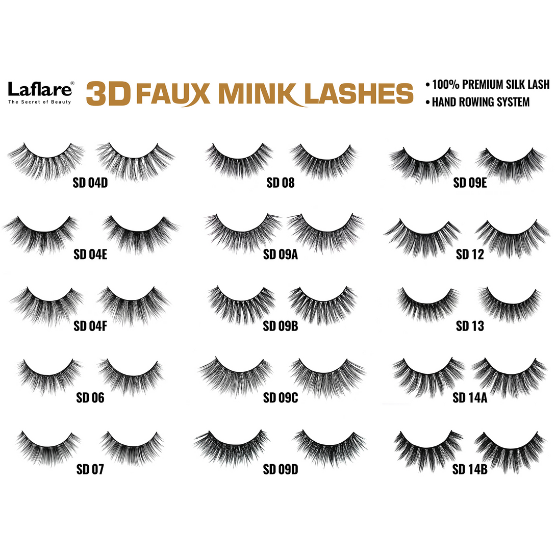 LAFLARE 3D faux mink lashes assortment showing 16 style variations labeled SD04 to SD14 for dramatic looks