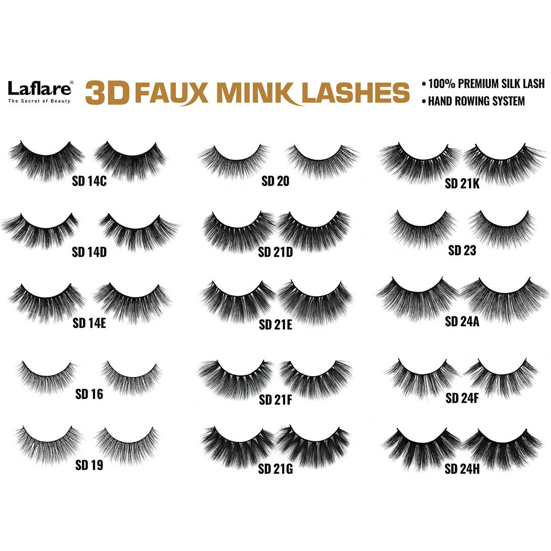 LAFLARE display of assorted 3D faux mink lashes showing multiple styles and labeled style numbers for choice